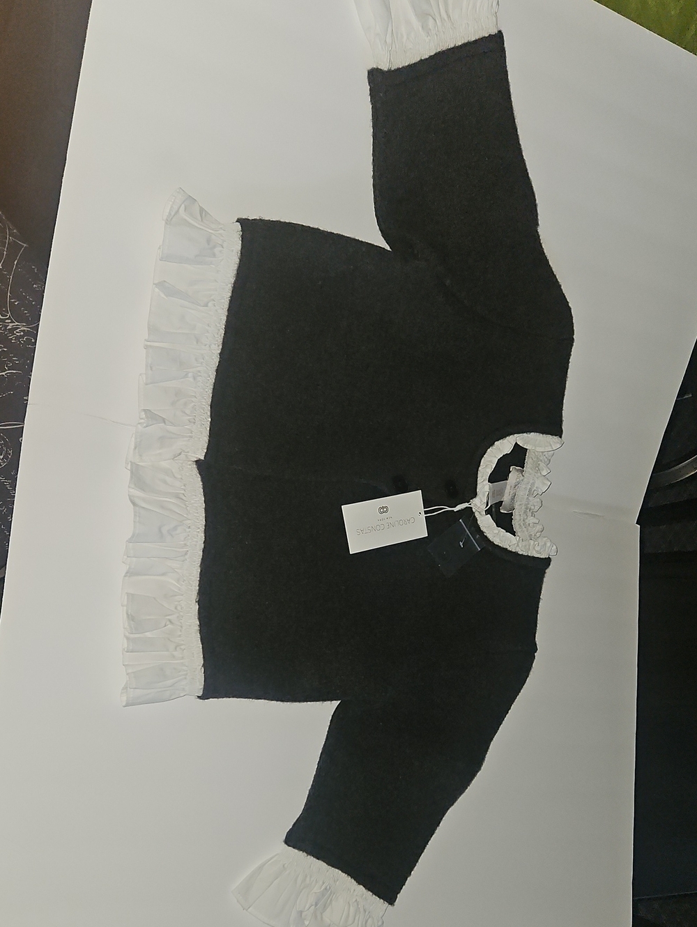 Caroline Constas Dark Gray Cardigan Sweater with White Ruffle Trim
